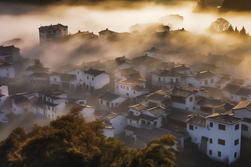 晚秋阳光透过云层倾撒雾中的小村庄摄影背景,高清,摄影图,摄影图片,图片大全,摄影图免费下载